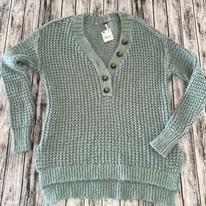 Free People Whistle Thermal Henley chunky knit sweater sage green XS New